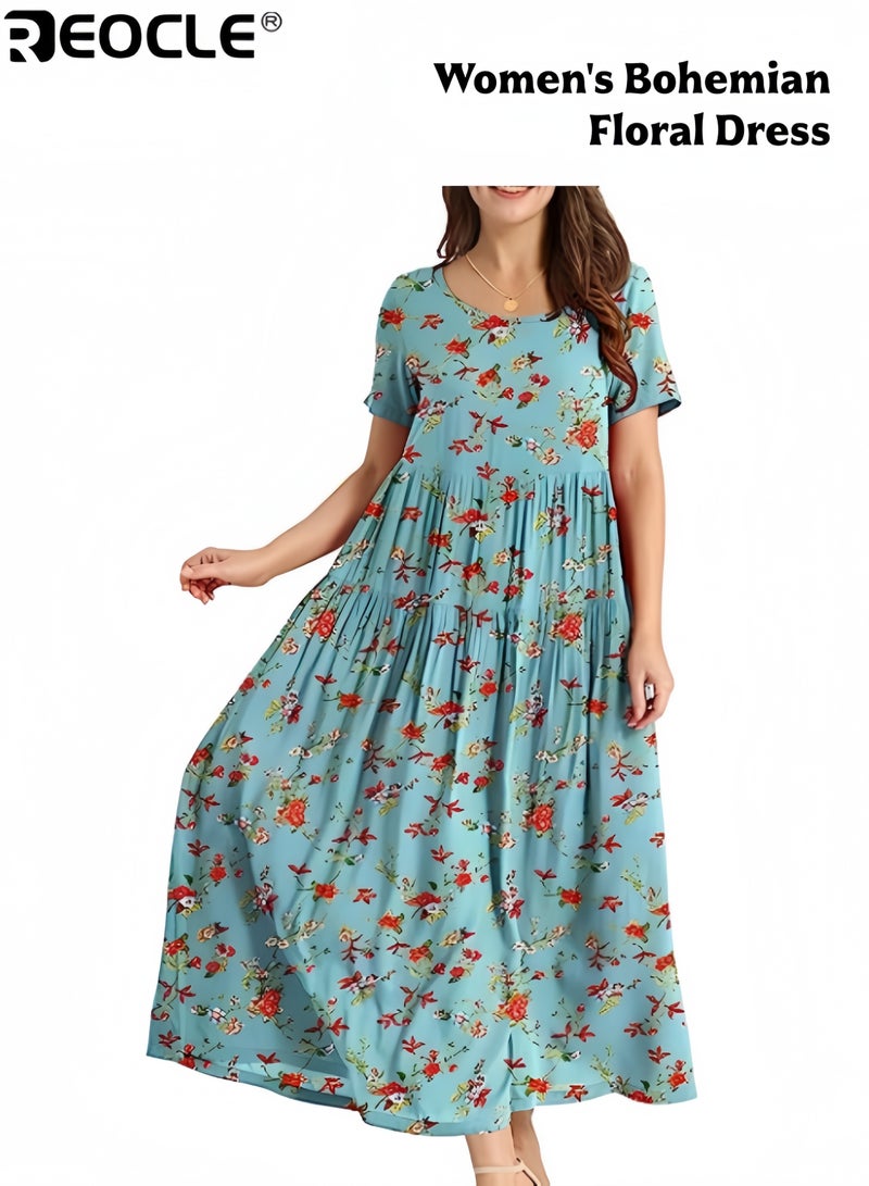 ريوكل فستان نسائي كاجوال فضفاض بأكمام قصيرة وطويل بتصميم بوهيمي مزهر فستان ماكسي صيفي مناسب للشاطئ - Image 1