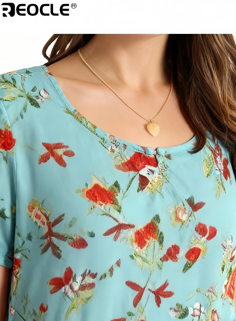 ريوكل فستان نسائي كاجوال فضفاض بأكمام قصيرة وطويل بتصميم بوهيمي مزهر فستان ماكسي صيفي مناسب للشاطئ - Image 2