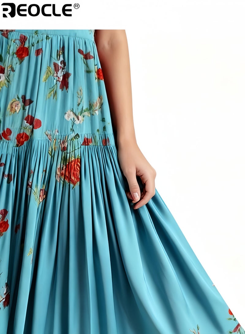 ريوكل فستان نسائي كاجوال فضفاض بأكمام قصيرة وطويل بتصميم بوهيمي مزهر فستان ماكسي صيفي مناسب للشاطئ - Image 3