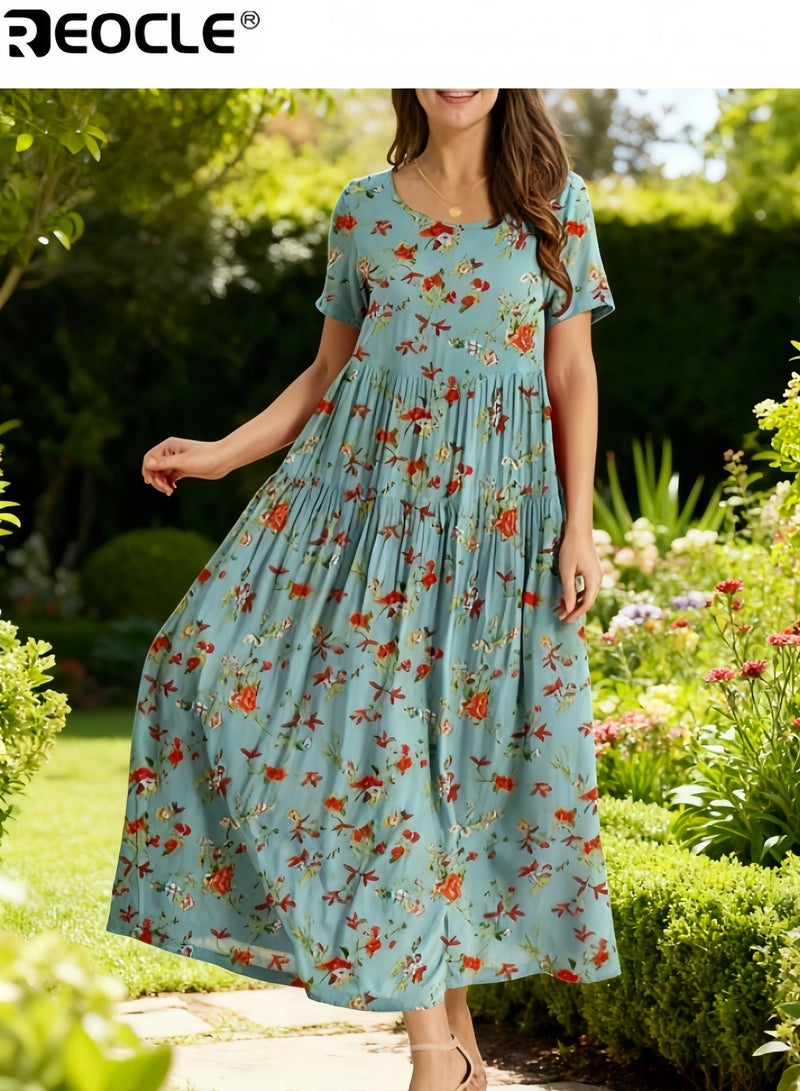 ريوكل فستان نسائي كاجوال فضفاض بأكمام قصيرة وطويل بتصميم بوهيمي مزهر فستان ماكسي صيفي مناسب للشاطئ - Image 5
