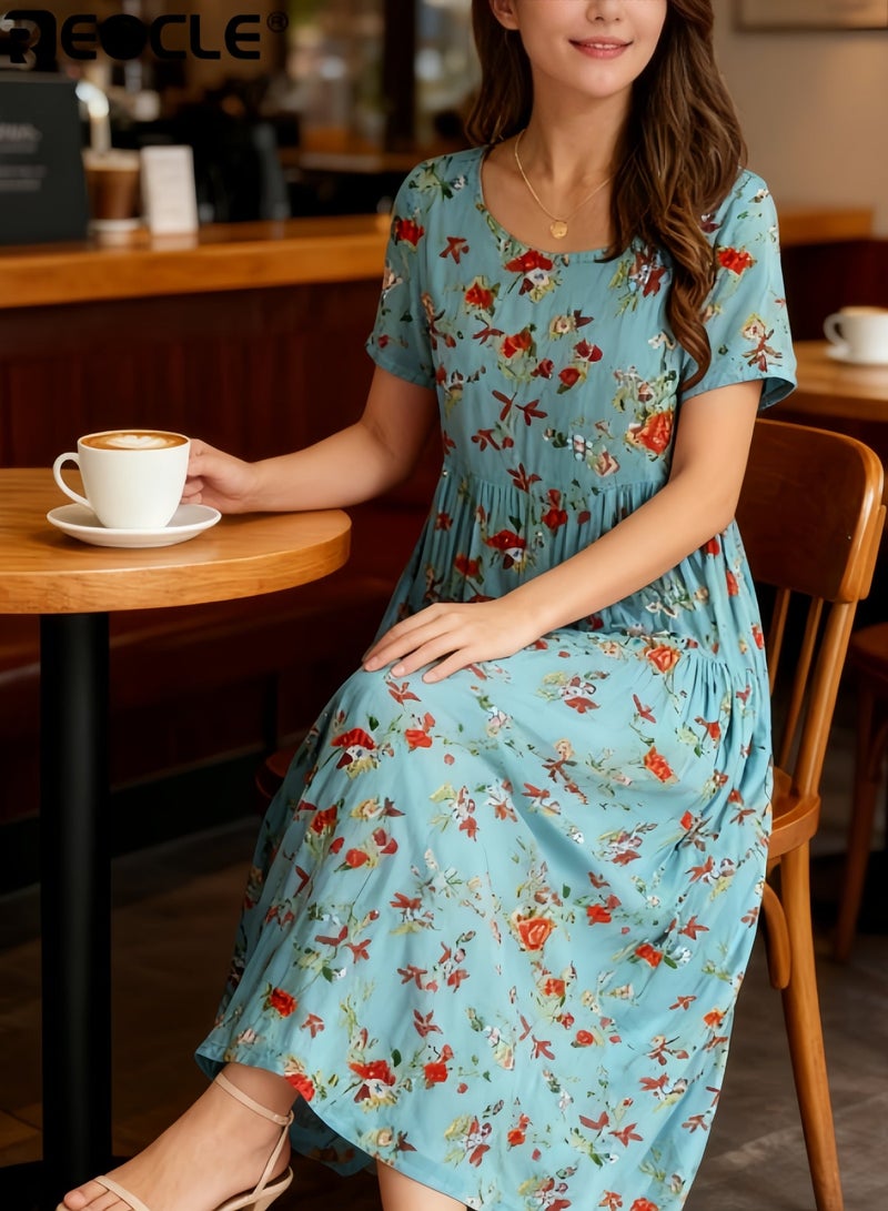 ريوكل فستان نسائي كاجوال فضفاض بأكمام قصيرة وطويل بتصميم بوهيمي مزهر فستان ماكسي صيفي مناسب للشاطئ - Image 4