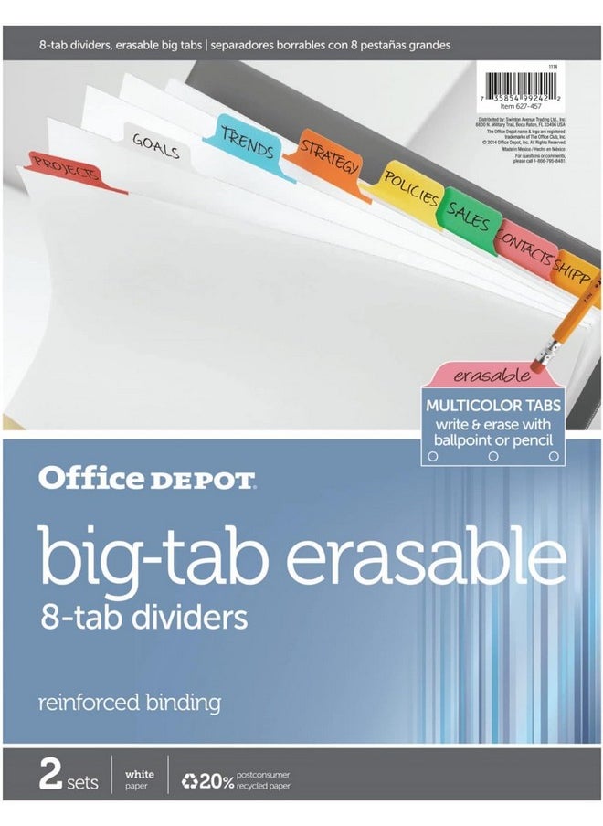 Office Depot Brand Erasable Big Tab Dividers 8Tab Assorted Colors Pack Of 2 Sets 