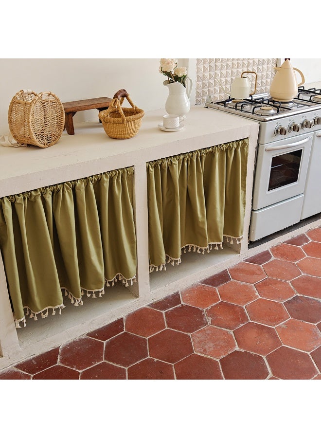 Width 140cm × Height 150cm Gingham Kitchen Valance Curtain No Drill Rod Included, Linen Look Tassel Window Door Cabinet Cover for Kitchen Pantry & Room Divider Decor - Image 1