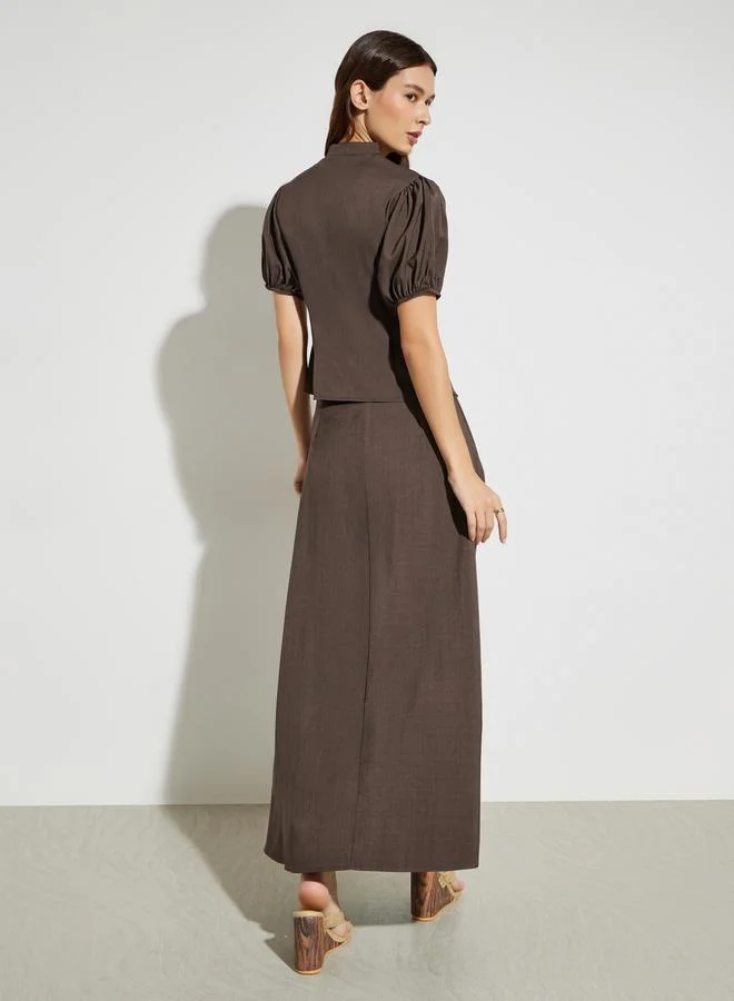 Styli Brown Brown Solid Puff Sleeve Blouse and Maxi Skirt Co-Ords for Women | Best Price UAE
