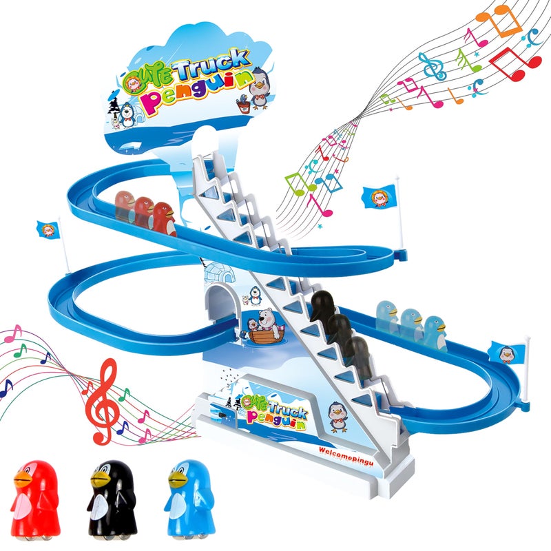 ARSUK Penguin Race Game Toy Playful Musical Roller Coaster Track Playset with Music & LED Flashing Lights On/Off Button for Toddlers and Kids Gift - Image 1