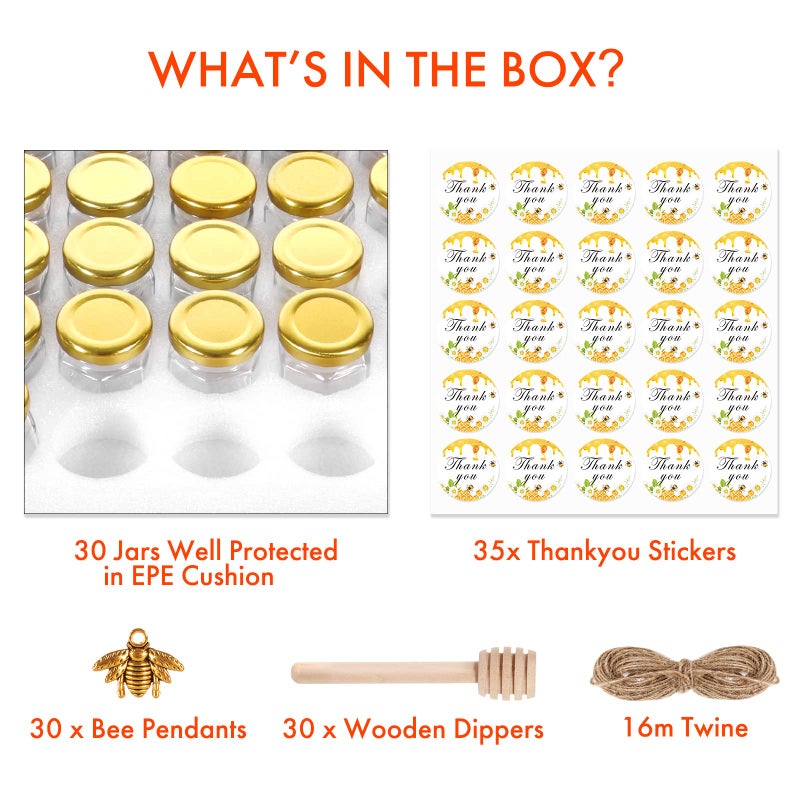 AuroTrends 3oz Mini Honey Jars with Dipper 30Pack, Empty Glass Jars for Baby Shower Favors/Wedding Favors for Guests- Mini Jar with Wooden Dippers - Image 4
