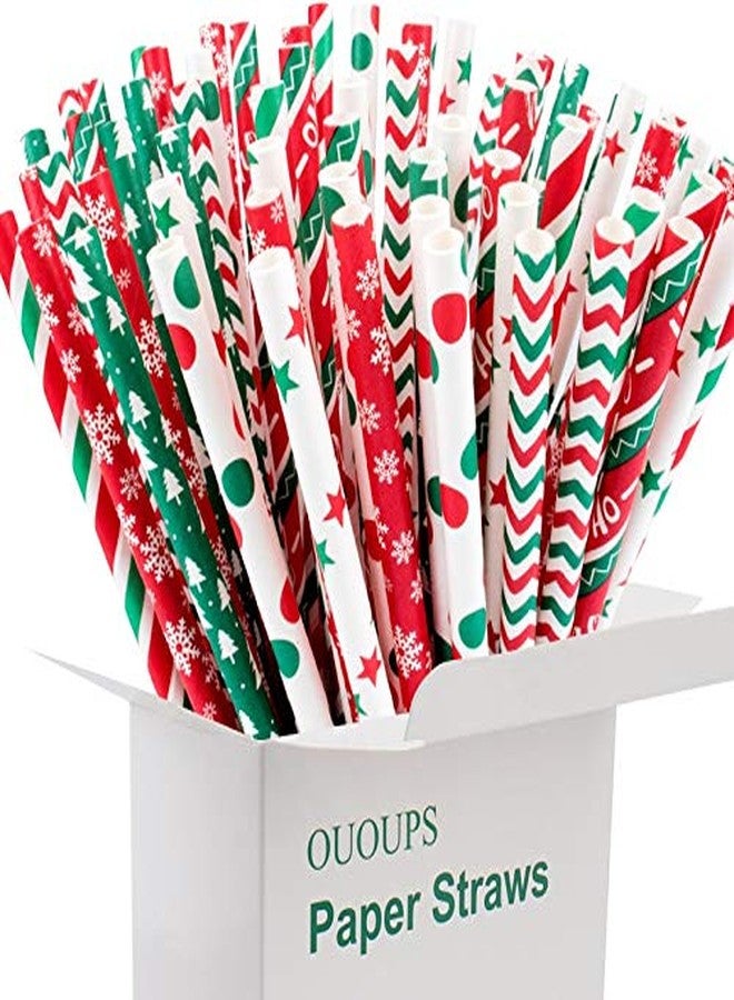 Ououps Biodegradable Paper Straws - 100-Pack, 7.75 Inches, Stripe, Red, Green, Dot, Bulk, Snow, Christmas & Thanksgiving - Image 1