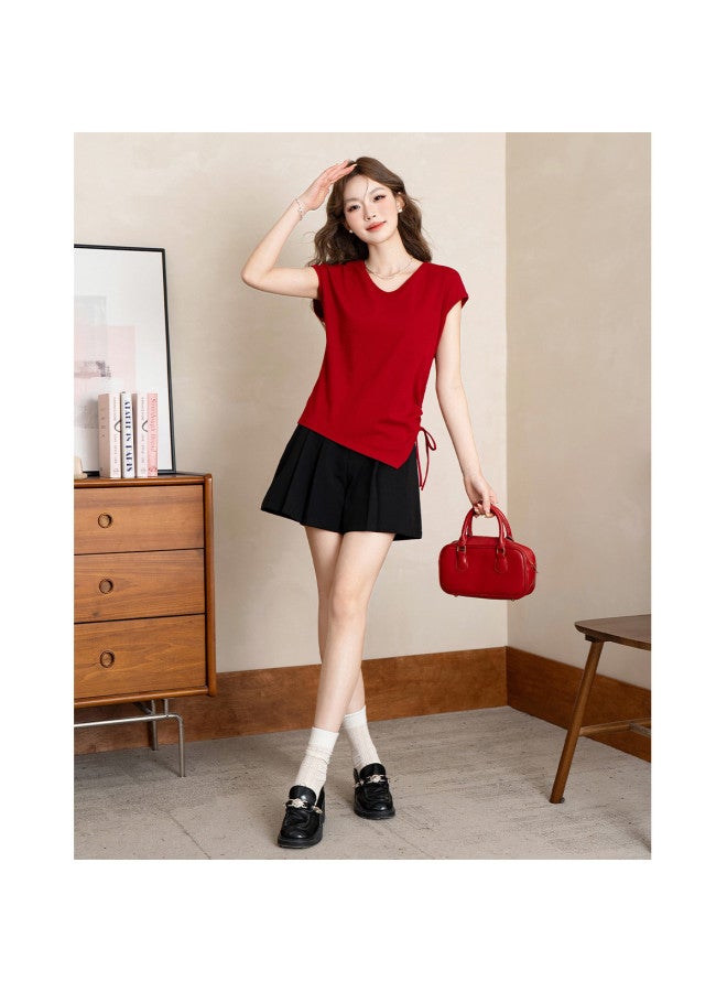 Jeanswest Sweet And Elegant Back Button Design Irregular Short Sleeve T-shirt With Side Gathers Slimming Top - Image 4