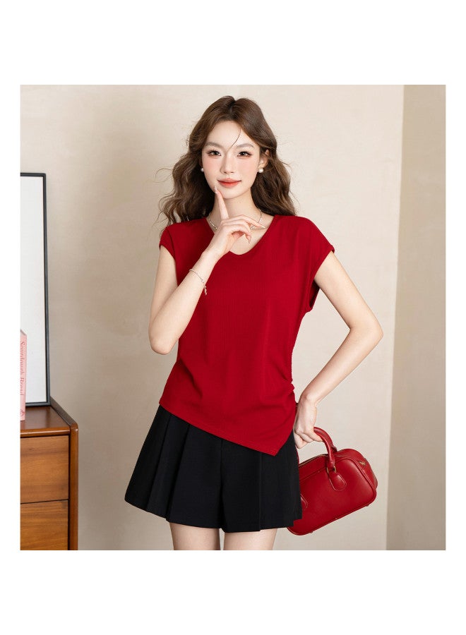 Jeanswest Sweet And Elegant Back Button Design Irregular Short Sleeve T-shirt With Side Gathers Slimming Top - Image 5