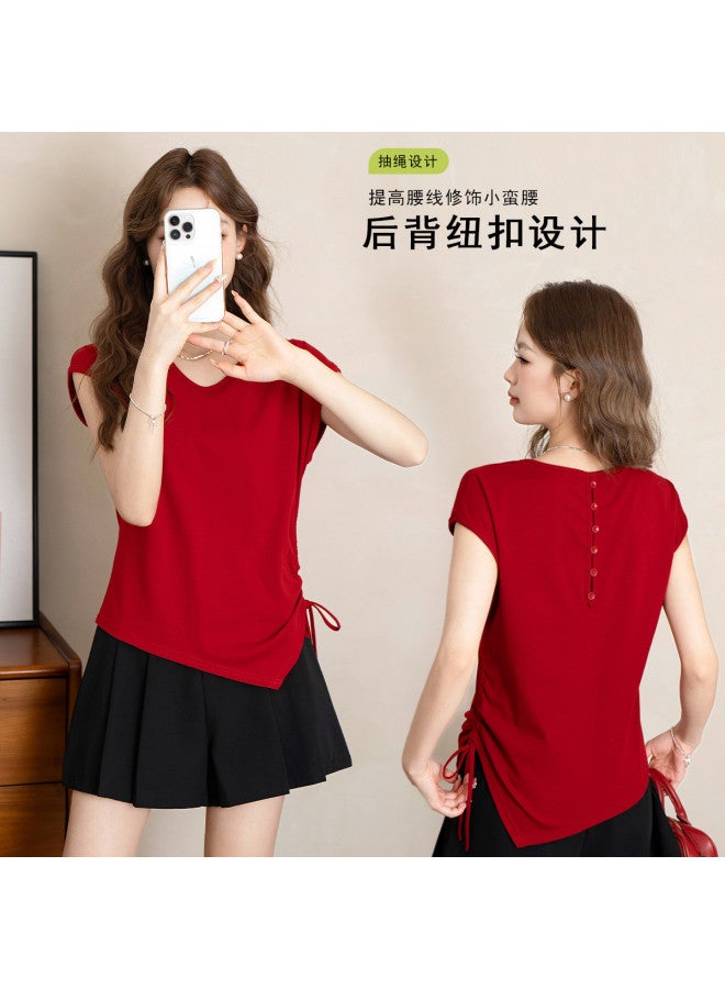 Jeanswest Sweet And Elegant Back Button Design Irregular Short Sleeve T-shirt With Side Gathers Slimming Top - Image 2