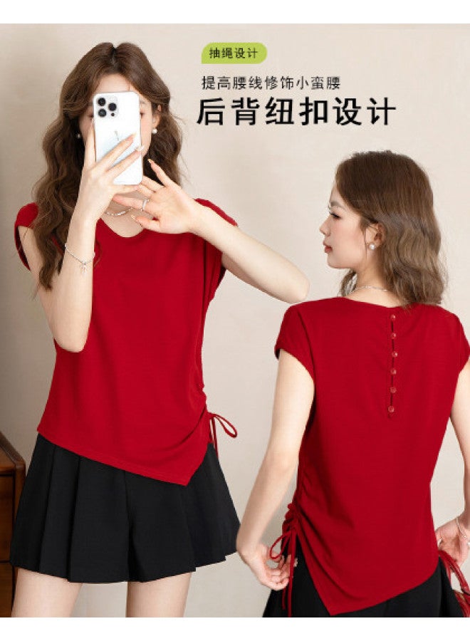Jeanswest Sweet And Elegant Back Button Design Irregular Short Sleeve T-shirt With Side Gathers Slimming Top - Image 1