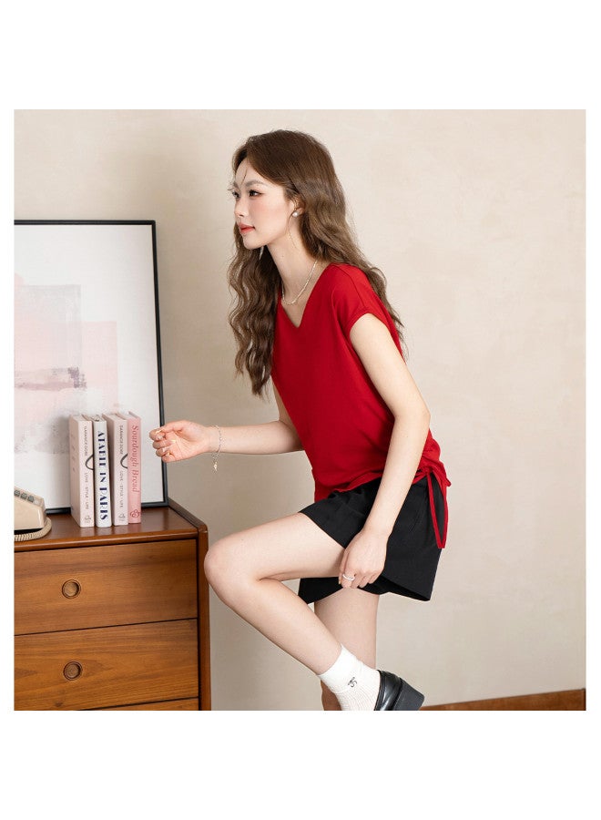 Jeanswest Sweet And Elegant Back Button Design Irregular Short Sleeve T-shirt With Side Gathers Slimming Top - Image 3