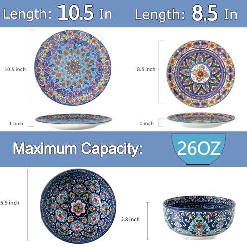 glowworm Bohemian Dinnerware Sets, Ceramic Dishes Set for 4, 12 Pieces Plates and Bowls Set, Oven, Microwave & Dishwasher Safe, Scratch Resistant - Image 2