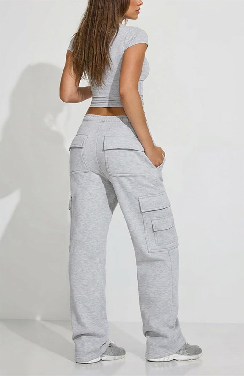 Waitfairy Cargo Sweatpants for Women - Straight Leg Fleece Lined Joggers Women Barrel Sweat Pants for Girls Y2k Clothes Light Grey S - Image 4