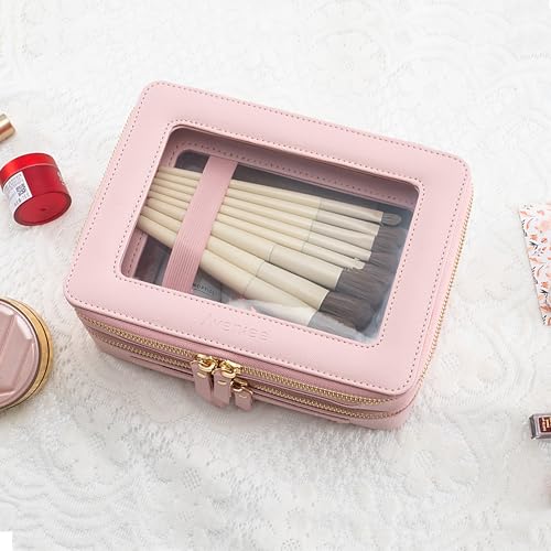Aveniee XL Clear Makeup Organizer,Double Layer Travel Cosmetic Case with Brush Holder & Zippered Compartments,Big Toiletry Bag for Travel Accessories,2 Layers Large,Pink - Image 5