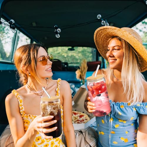 DAMCONME Iced Coffee Cups with Bamboo Lids and Straws – 20 Oz Glass Beer Can Tumbler Set of 2, Aesthetic Glass Cups 20Oz, Coffee Bar Accessories Gift - Image 2