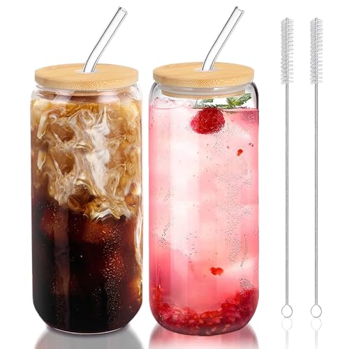 DAMCONME Iced Coffee Cups with Bamboo Lids and Straws – 20 Oz Glass Beer Can Tumbler Set of 2, Aesthetic Glass Cups 20Oz, Coffee Bar Accessories Gift - Image 1