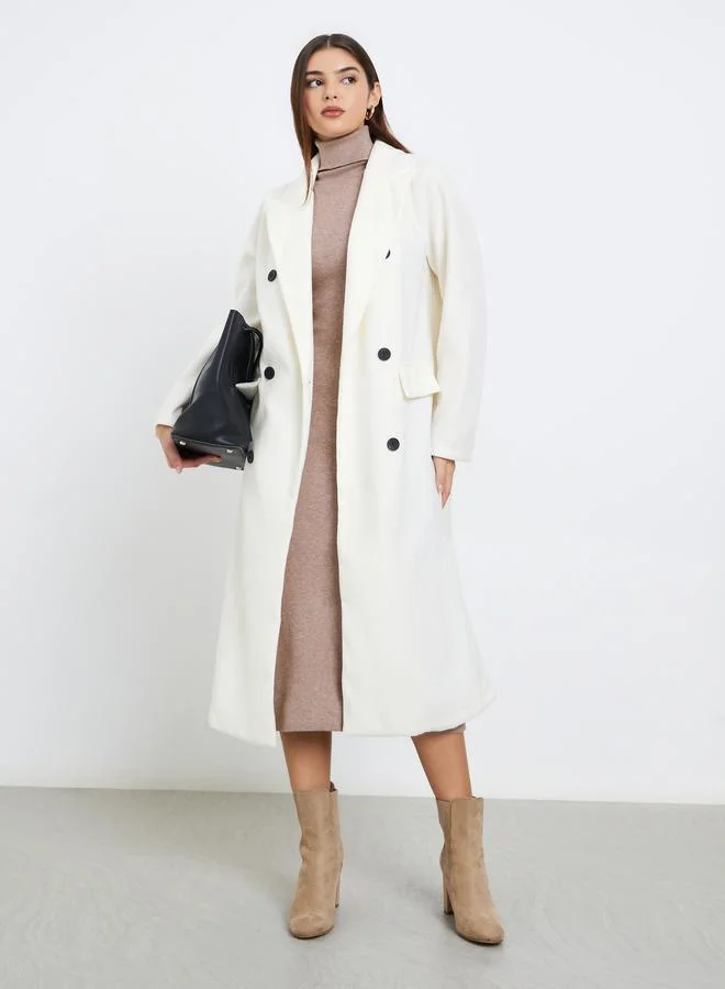 Styli Off White Wool Like Double Breasted Midi Coat