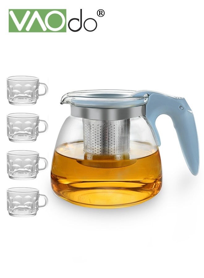 VAOdo 1L Glass Teapot Set with Cups and Filter, Stainless Steel Filterand Glass Cups, Simple Style Kettle Set for Black Tea Green Tea Jasmine Tea Blue Teapot*1 and Glass Cups*4 - Image 1