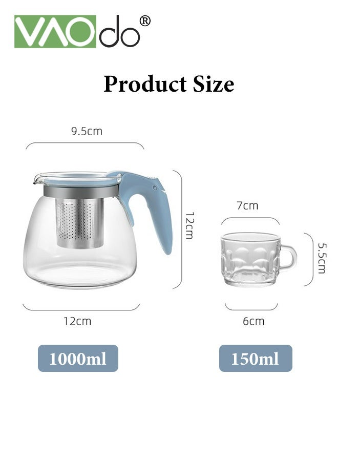 VAOdo 1L Glass Teapot Set with Cups and Filter, Stainless Steel Filterand Glass Cups, Simple Style Kettle Set for Black Tea Green Tea Jasmine Tea Blue Teapot*1 and Glass Cups*4 - Image 3