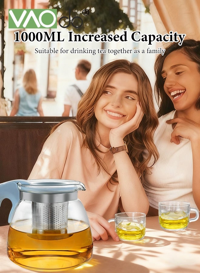 VAOdo 1L Glass Teapot Set with Cups and Filter, Stainless Steel Filterand Glass Cups, Simple Style Kettle Set for Black Tea Green Tea Jasmine Tea Blue Teapot*1 and Glass Cups*4 - Image 2