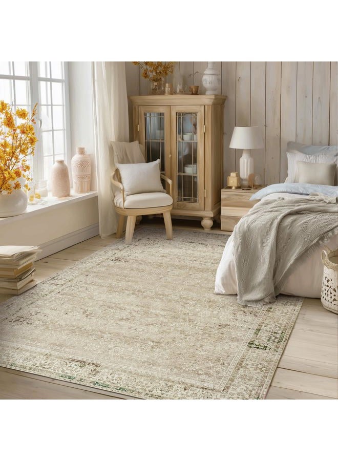 BILEEHOME Modern Farmhouse Area Rug 5 x7 Washable Floral Earth Tone Neutral Boho Nursery Rug 5x7 for Baby Boy Bedroom,Tan Brown and Cream Beige - Image 1