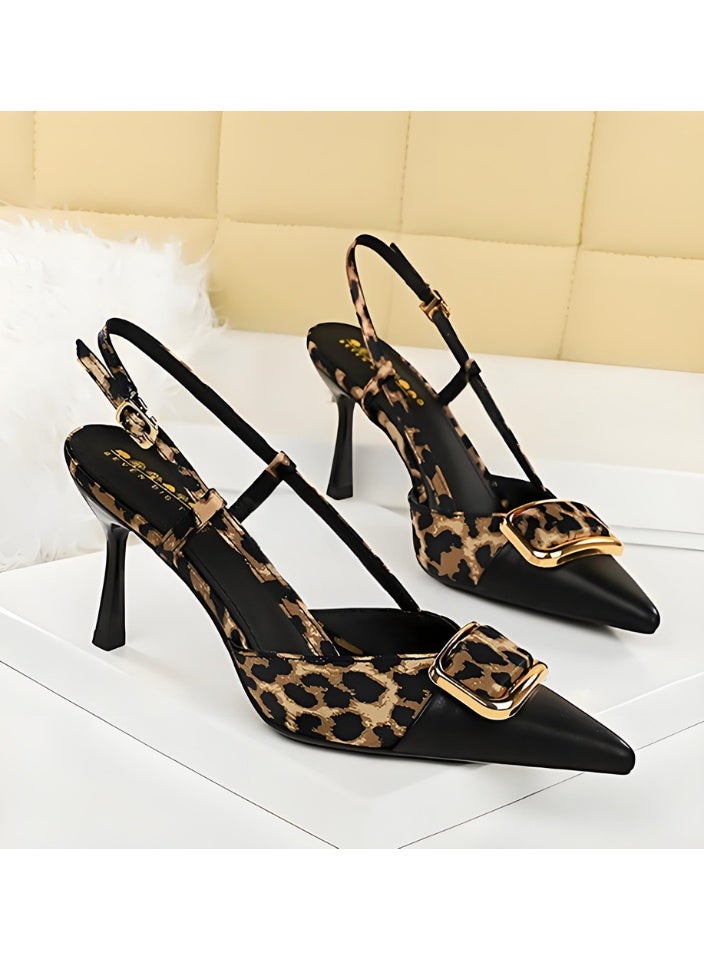 بيج تري المرأة مغلقة أشارت إصبع القدم مضخات سلينغباك كعب عالي الصنادل النمر الطباعة / الأسود 8CM - Image 2