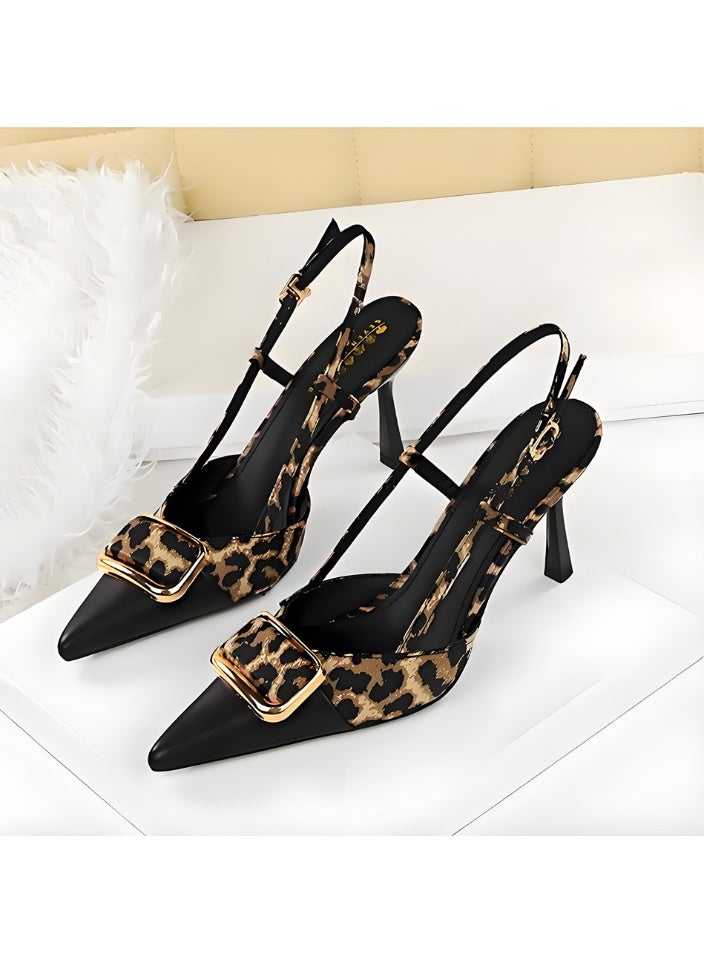بيج تري المرأة مغلقة أشارت إصبع القدم مضخات سلينغباك كعب عالي الصنادل النمر الطباعة / الأسود 8CM - Image 1