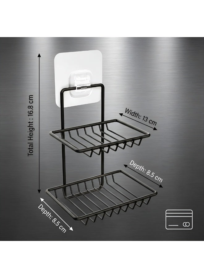 Dunekart Wall Mounted Double Layer Soap Dish Holder Stainless Steel Wall Hanging Soap Storage Rack for Kitchen Bathroom with Self Adhesive Magic Sticker (Black) - Image 3