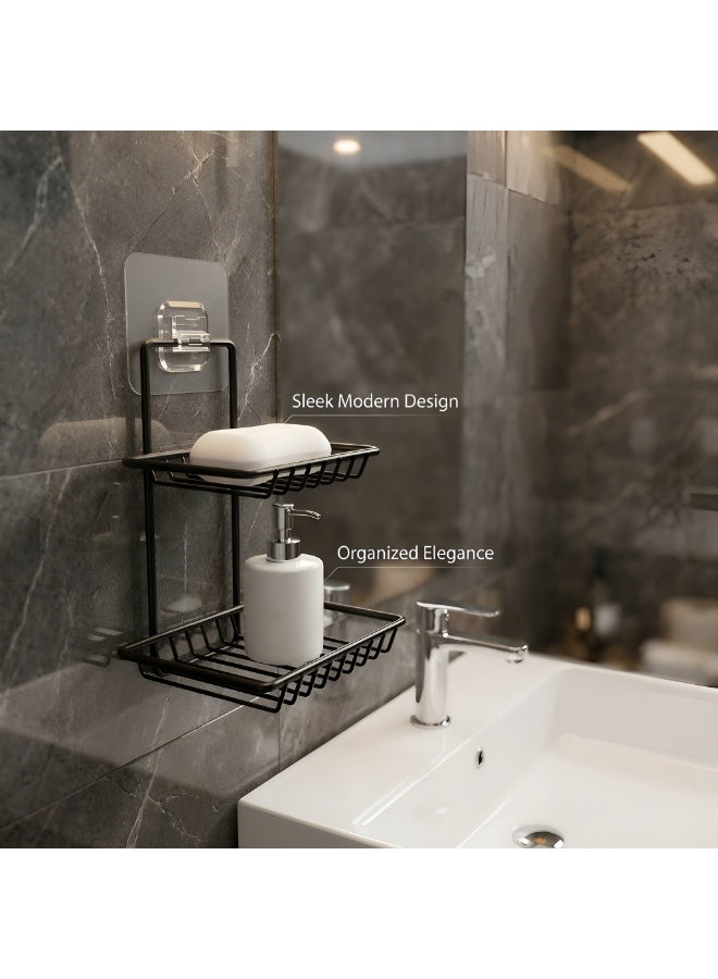 Dunekart Wall Mounted Double Layer Soap Dish Holder Stainless Steel Wall Hanging Soap Storage Rack for Kitchen Bathroom with Self Adhesive Magic Sticker (Black) - Image 2