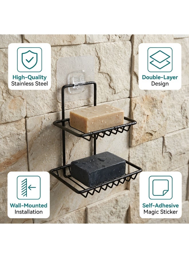 Dunekart Wall Mounted Double Layer Soap Dish Holder Stainless Steel Wall Hanging Soap Storage Rack for Kitchen Bathroom with Self Adhesive Magic Sticker (Black) - Image 5