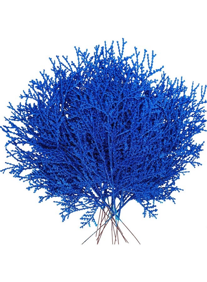 Winlyn Winlyn 15 Pcs Blue Artificial Cedar Glitter Sprays Picks Faux Cedar Branches Stems Christmas Floral Picks 15.4" H for Christmas Tree Wreath Swag Winter Seasonal Floral Arrangement Holiday Decor  - Image 2
