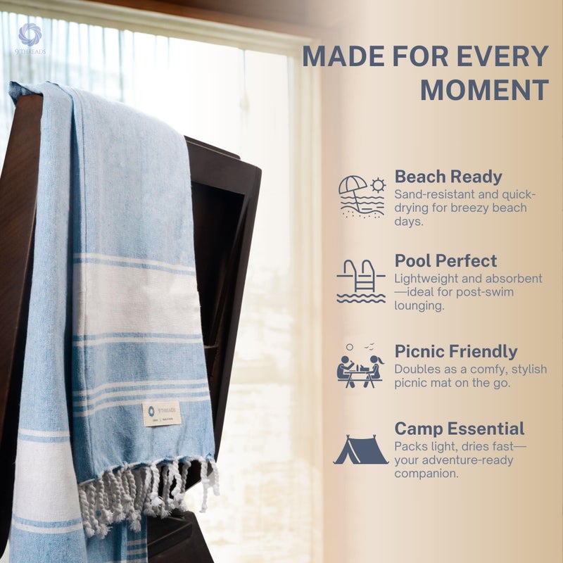 9Threads Cotton Turkish Beach Towel with Towels Oversized 36"x72" Pool Absorbent Extra Large Quick Dry Sand Travel Towel (Sky Blue, 4 Pack) - Image 4