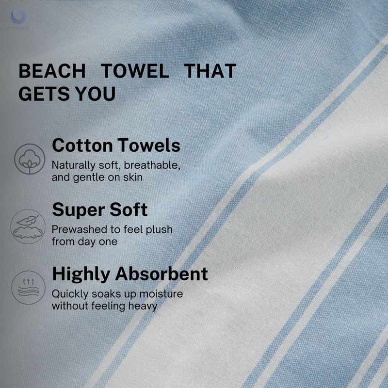9Threads Cotton Turkish Beach Towel with Towels Oversized 36"x72" Pool Absorbent Extra Large Quick Dry Sand Travel Towel (Sky Blue, 4 Pack) - Image 5