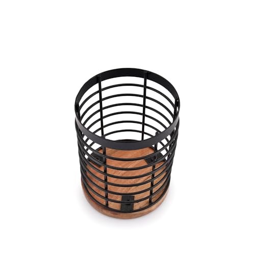 EDHAS Black Iron Kitchen Utensil Holder with Acacia Wooden Base Round Flatware Storage for Countertop (4.5" x 4.5" x 6") - Image 3