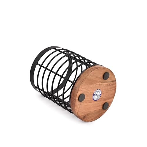EDHAS Black Iron Kitchen Utensil Holder with Acacia Wooden Base Round Flatware Storage for Countertop (4.5" x 4.5" x 6") - Image 4