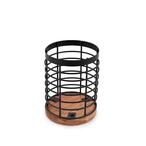 EDHAS Black Iron Kitchen Utensil Holder with Acacia Wooden Base Round Flatware Storage for Countertop (4.5" x 4.5" x 6") - Image 2