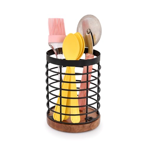 EDHAS Black Iron Kitchen Utensil Holder with Acacia Wooden Base Round Flatware Storage for Countertop (4.5" x 4.5" x 6") - Image 1