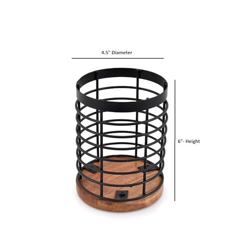 EDHAS Black Iron Kitchen Utensil Holder with Acacia Wooden Base Round Flatware Storage for Countertop (4.5" x 4.5" x 6") - Image 5
