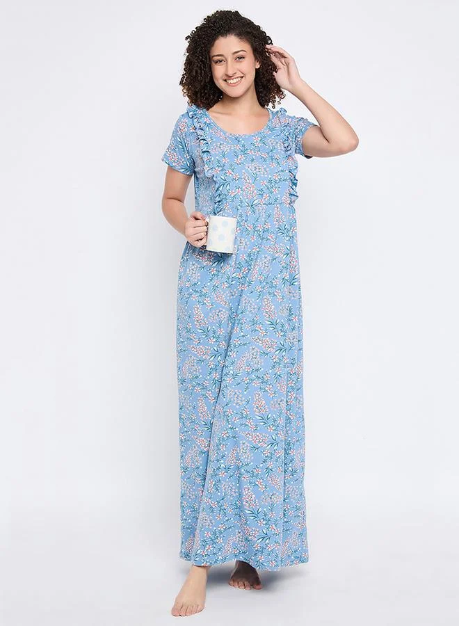 Clovia Cotton Floral Print Ruffled Nightdress by Styli