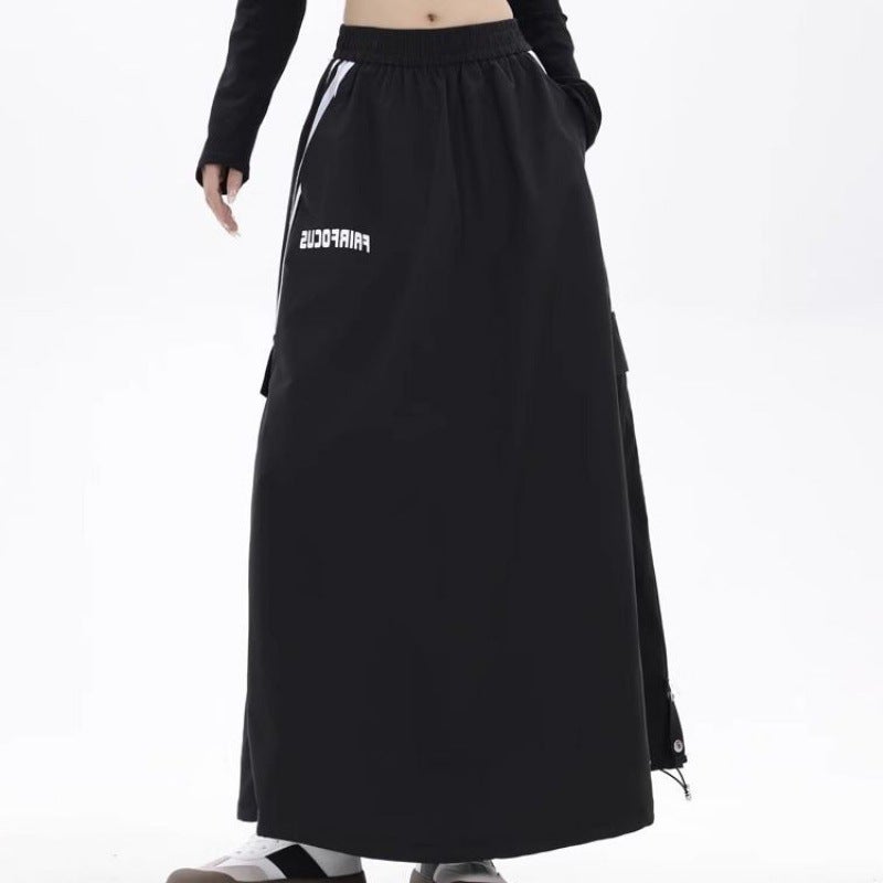 Autumn Skirt Womens American-style High Street Dopamine Wear Side Stripe Split Loose Sports Tooling High Street Fashion Black 
