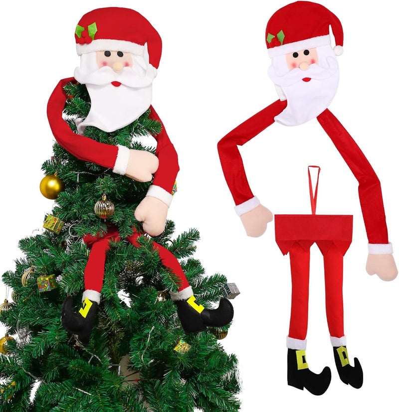 Sratte 2 Pieces Large Christmas Tree Topper Christmas Santa Hat and Long Arms Hugging Santa Clause Decorations Leg Ornament for Xmas Party Decor - Image 1