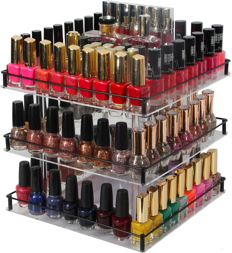J JACKCUBE DESIGN Nail Polish Organizer 3 Tier Acrylic 360 Rotating Display Rack Stand Makeup Cosmetics Storage Box Carousel Shelf with Black Iron Guard Hold Up to 180 MK3023