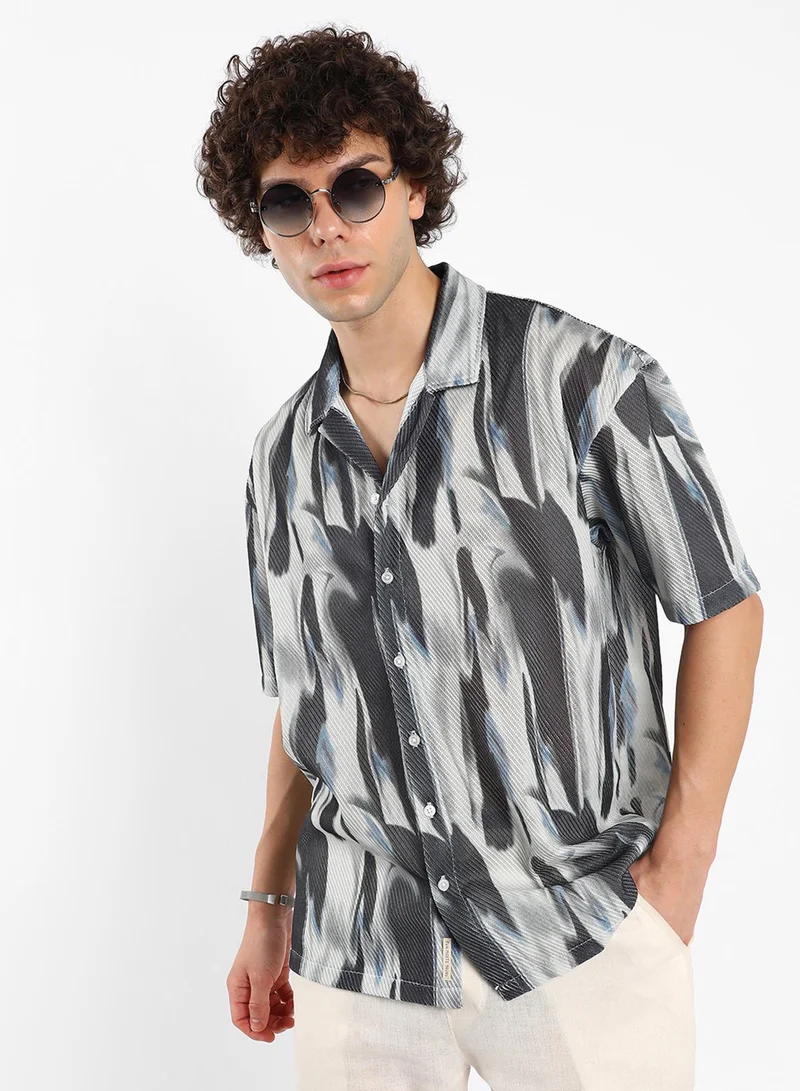 Campus Sutra Men's Navy Blue Strokes Mesh Oversized Shirt