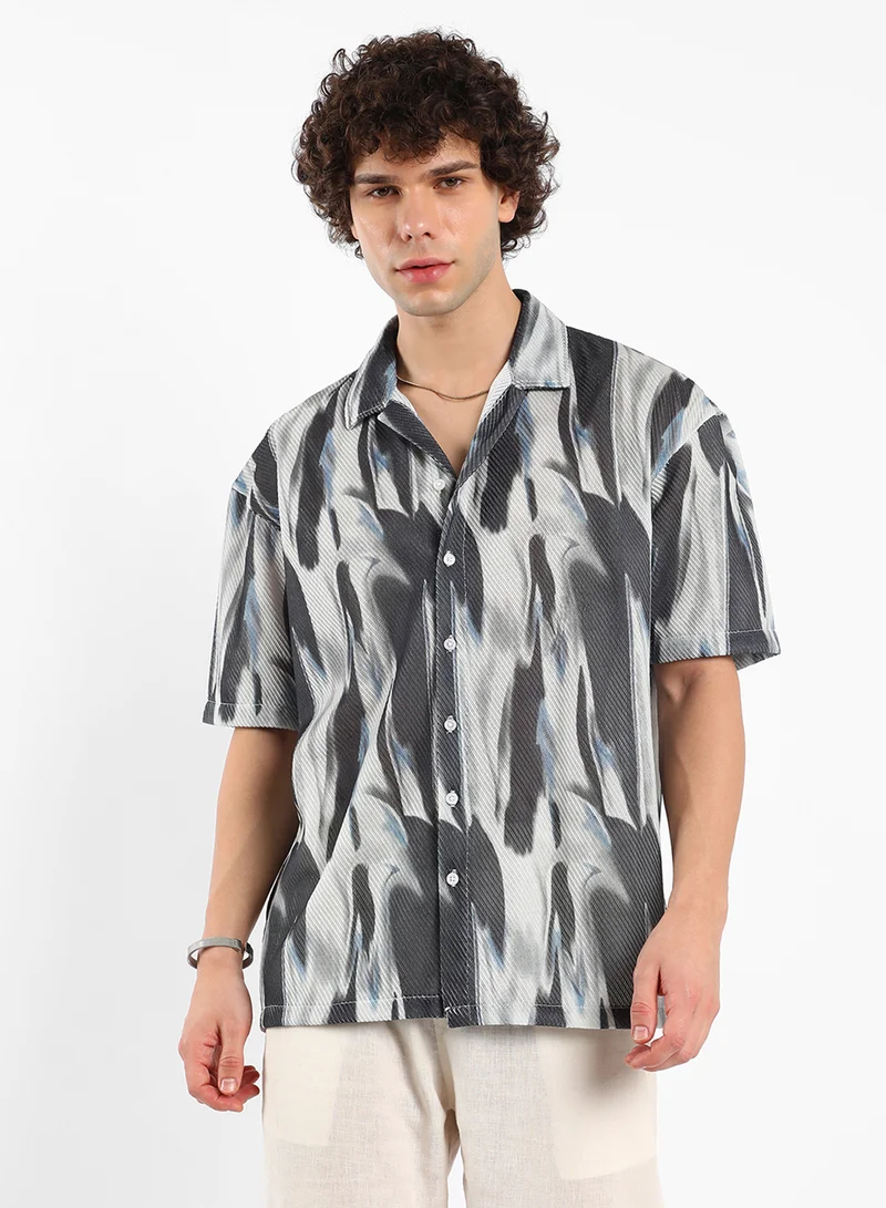 Campus Sutra Men's Navy Blue Strokes Mesh Oversized Shirt