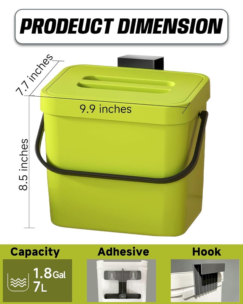 MONGTINGLU Countertop Compost Bin Kitchen, 1.8 Gallons Hanging Trash Can with Lid for Kitchen Cabinet Door, Under Sink, Wall Mounted Waste Bin for Bathroom, 7L(Lime Green) - Image 2