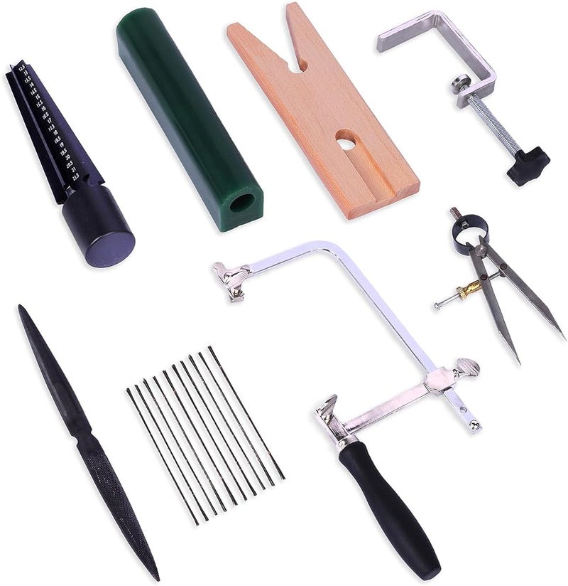 tooltos Jewelry Ring Making Tools Including Jewelers Saw Frame Set with 144 Saw Blades Jewelers Bench Pin Clamp Carving Wax Tube Needle File Caliper Compasses Ring Wax Model Making Kit - Image 1