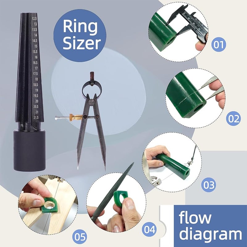 tooltos Jewelry Ring Making Tools Including Jewelers Saw Frame Set with 144 Saw Blades Jewelers Bench Pin Clamp Carving Wax Tube Needle File Caliper Compasses Ring Wax Model Making Kit - Image 4