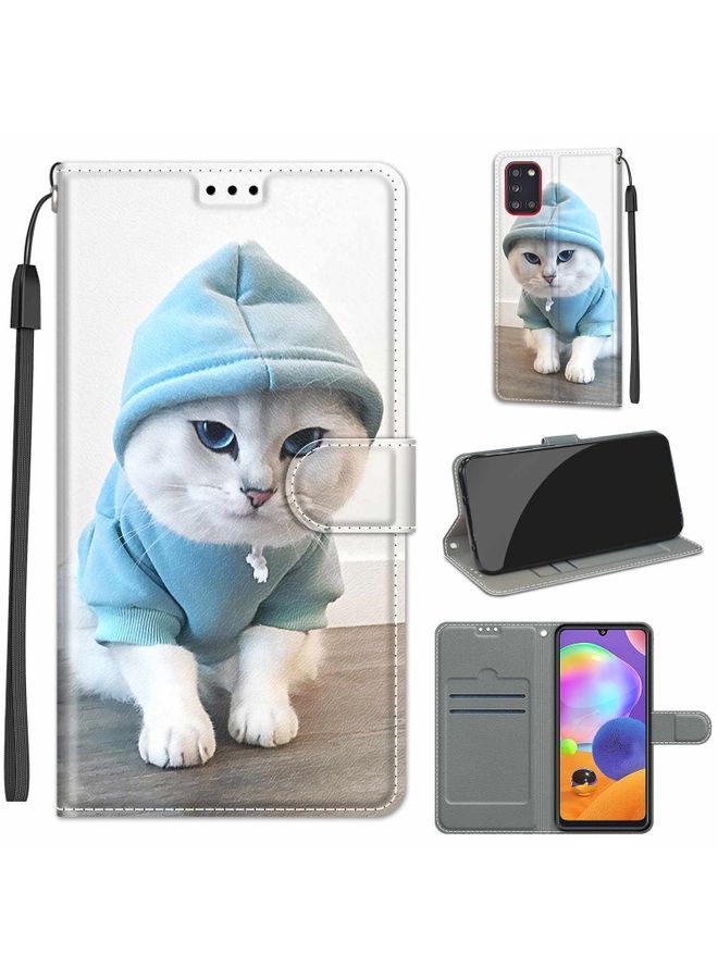 Case Cover For Samsung Galaxy A31 Voltage Colored Drawing Magnetic Clasp Horizontal Flip PU Leather Case with Holder & Card Slots C15 Blue Sweater White Cat