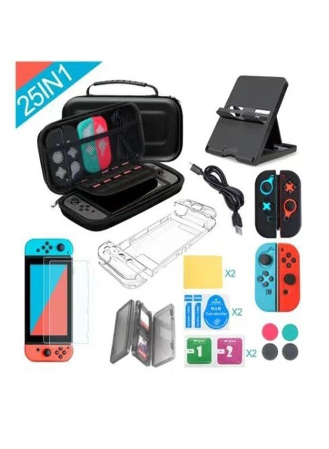 Suitable For Nintendo Switch Game Protection Bag Protection Data Line Typec Storage Bag Set Crystal Case-Model:Thickened Bag Black + Crystal Shell + Toughened Film 2 Pieces + Handle TPU Black 1 Red And Blue + Bracket + Line + Four-card Box Black + Rocker Cap Black 2 Red And Blue 1 Each  - Image 1